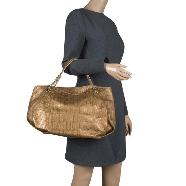 Pre Owned Carolina Herrera Metallic Gold Embossed Leather Poppy Hobo