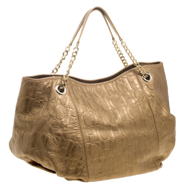 Pre Owned Carolina Herrera Metallic Gold Embossed Leather Poppy Hobo