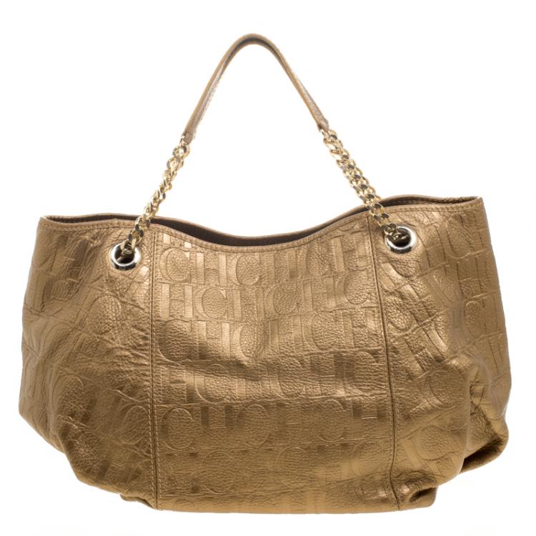 Pre Owned Carolina Herrera Metallic Gold Embossed Leather Poppy Hobo