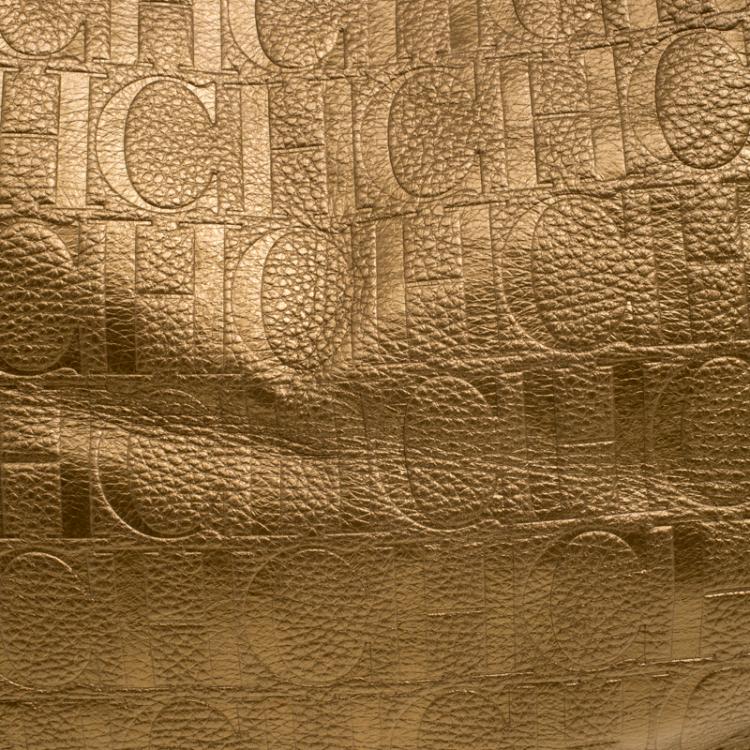 Pre Owned Carolina Herrera Metallic Gold Embossed Leather Poppy Hobo