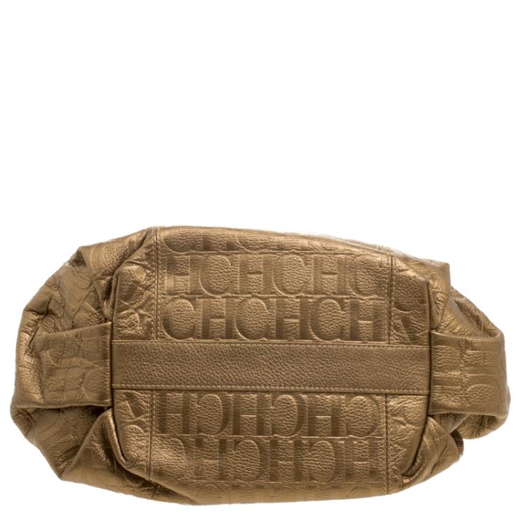 Pre Owned Carolina Herrera Metallic Gold Embossed Leather Poppy Hobo