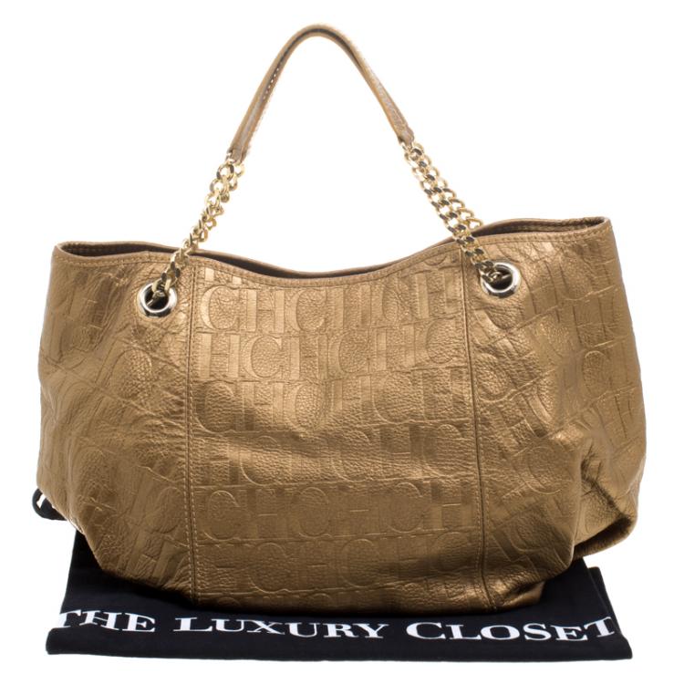 Pre Owned Carolina Herrera Metallic Gold Embossed Leather Poppy Hobo