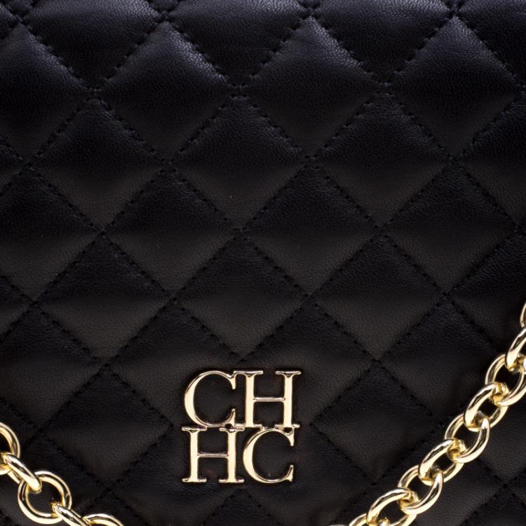 Pre Owned Carolina Herrera Black Quilted Leather Chain Clutch