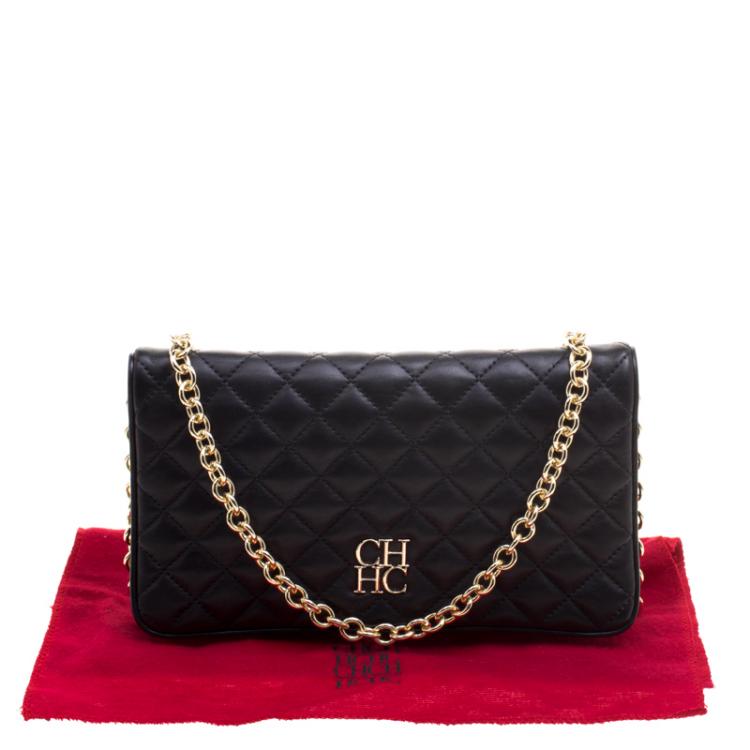 Pre Owned Carolina Herrera Black Quilted Leather Chain Clutch