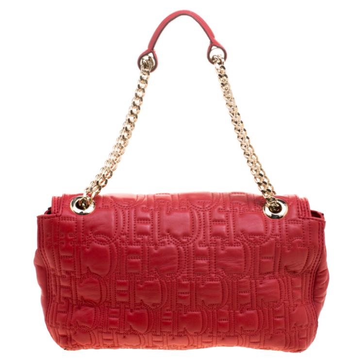 Pre Owned Carolina Herrera Red Monogram Leather Double Flap Shoulder Bag