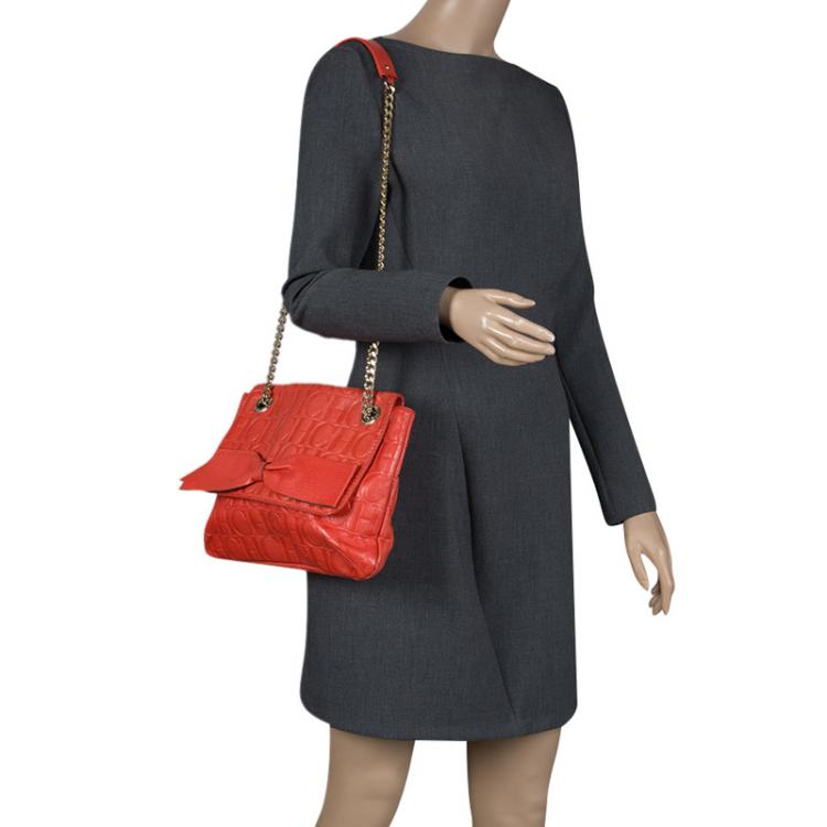 Pre Owned Carolina Herrera Red Monogram Leather Audrey Shoulder Bag
