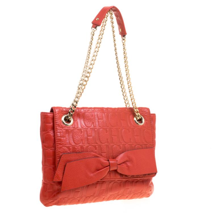 Pre Owned Carolina Herrera Red Monogram Leather Audrey Shoulder Bag