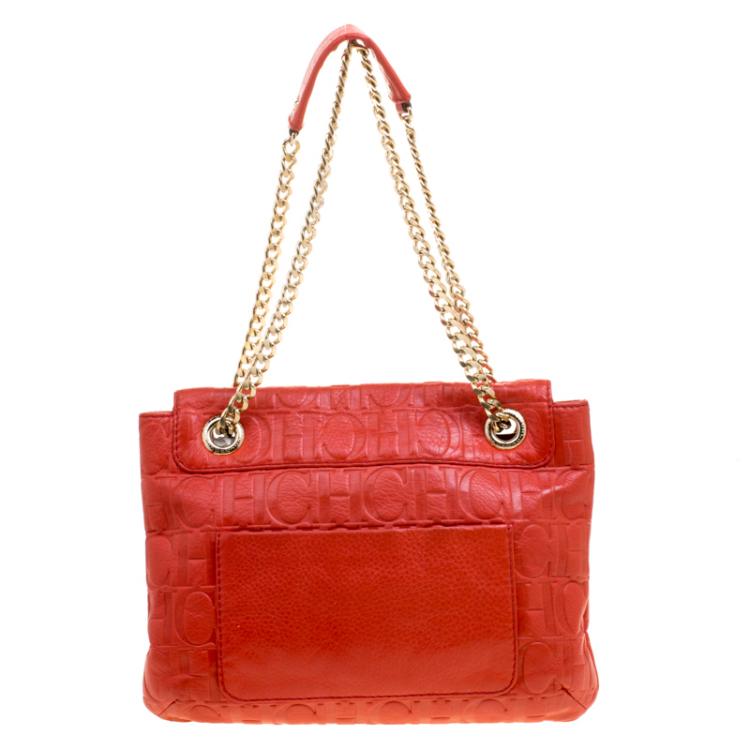 Pre Owned Carolina Herrera Red Monogram Leather Audrey Shoulder Bag