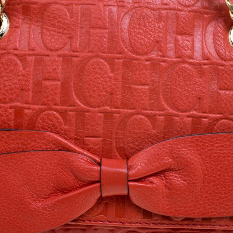 Pre Owned Carolina Herrera Red Monogram Leather Audrey Shoulder Bag