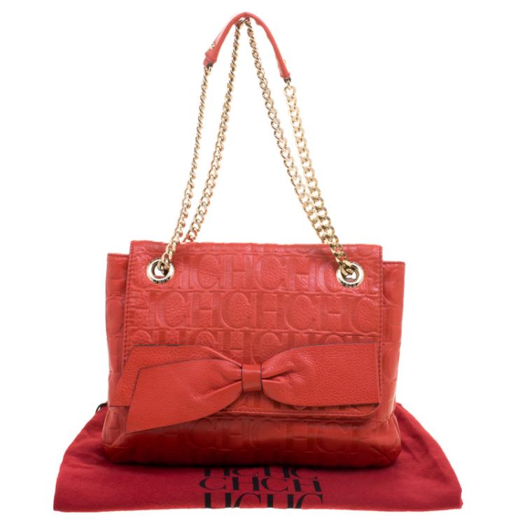 Pre Owned Carolina Herrera Red Monogram Leather Audrey Shoulder Bag