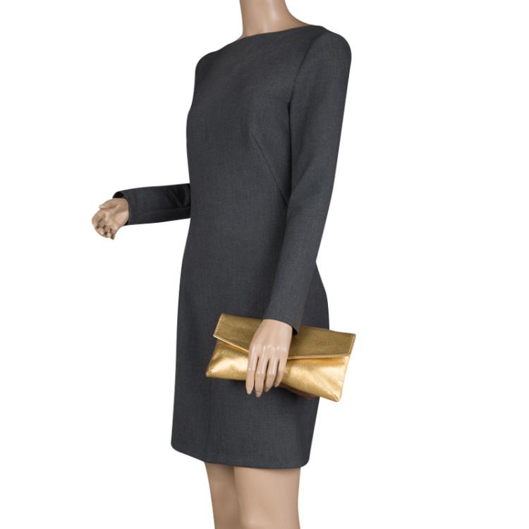 Pre Owned Carolina Herrera Gold Leather Envelope Clutch