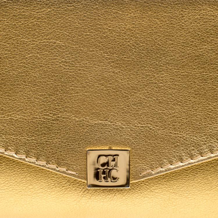 Pre Owned Carolina Herrera Gold Leather Envelope Clutch