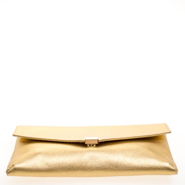 Pre Owned Carolina Herrera Gold Leather Envelope Clutch