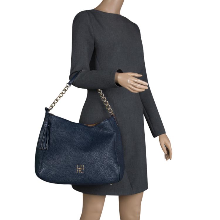 Pre Owned Carolina Herrera Navy Blue Grain Leather Maria Shoulder Bag