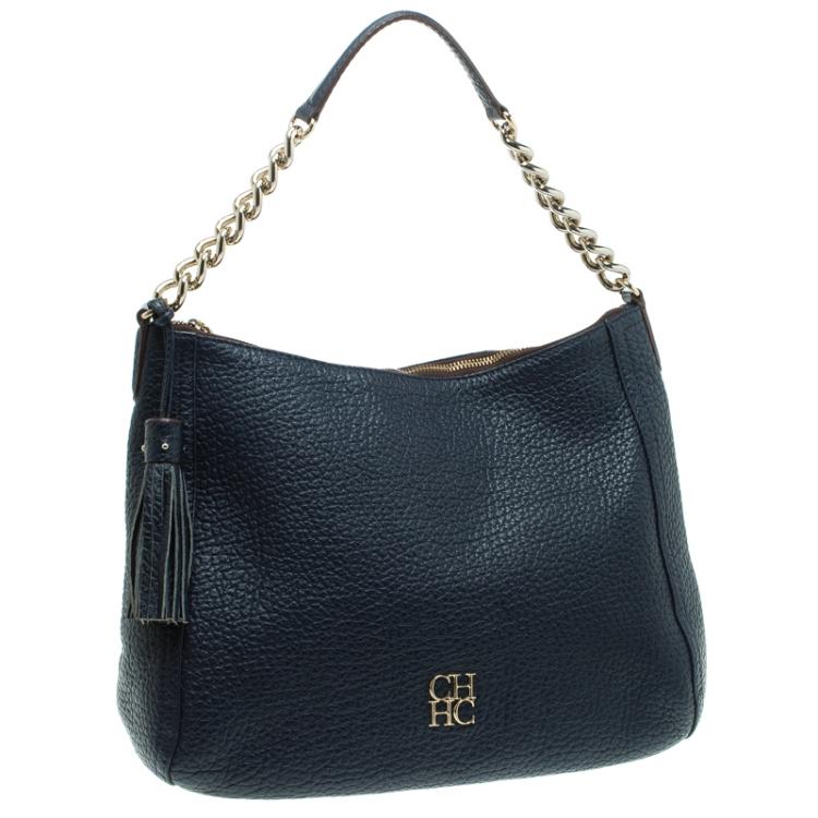 Pre Owned Carolina Herrera Navy Blue Grain Leather Maria Shoulder Bag