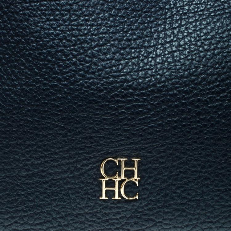 Pre Owned Carolina Herrera Navy Blue Grain Leather Maria Shoulder Bag