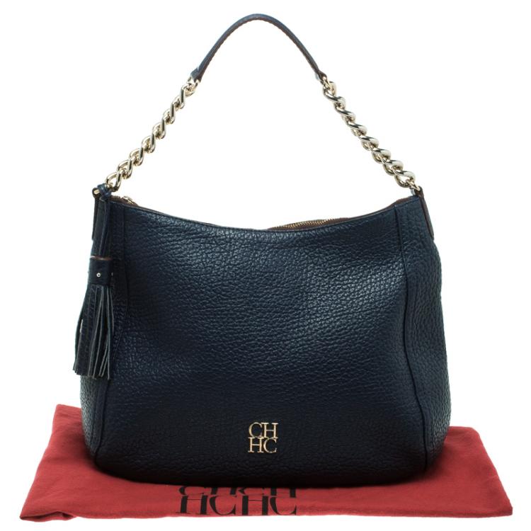 Pre Owned Carolina Herrera Navy Blue Grain Leather Maria Shoulder Bag