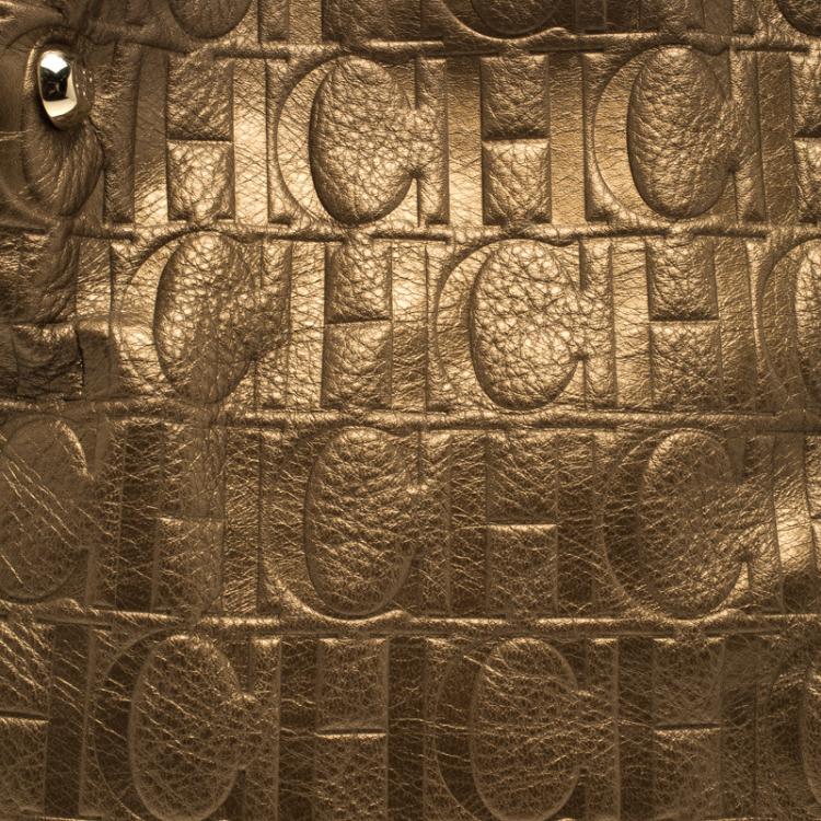 Pre Owned Carolina Herrera Gold Monogram Leather Tote