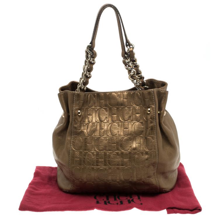 Pre Owned Carolina Herrera Gold Monogram Leather Tote