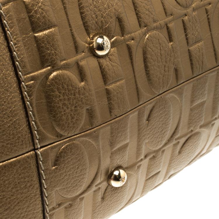 Pre Owned Carolina Herrera Gold Monogram Leather Tote