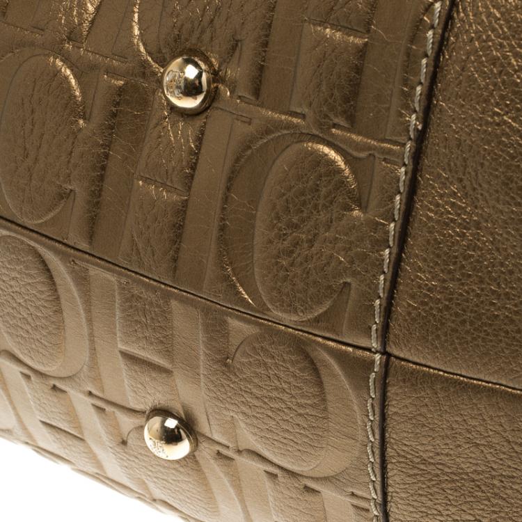Pre Owned Carolina Herrera Gold Monogram Leather Tote