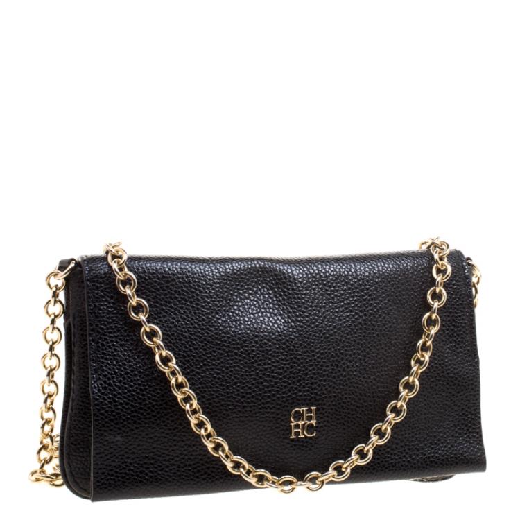 Pre Owned Carolina Herrera Black Leather Chain Flap Shoulder Bag