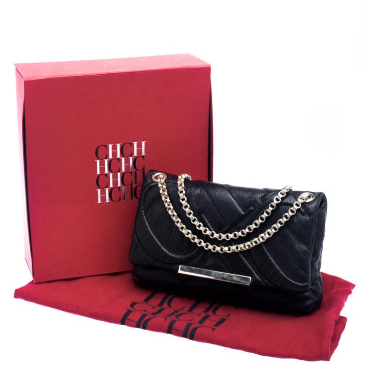 Pre Owned Carolina Herrera Black Quilted Leather Flap Chain Shoulder Bag