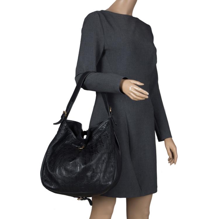 Pre Owned Carolina Herrera Black Monogram Leather Balmoral Hobo