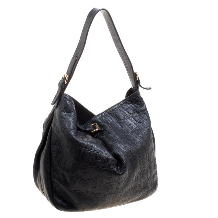 Pre Owned Carolina Herrera Black Monogram Leather Balmoral Hobo