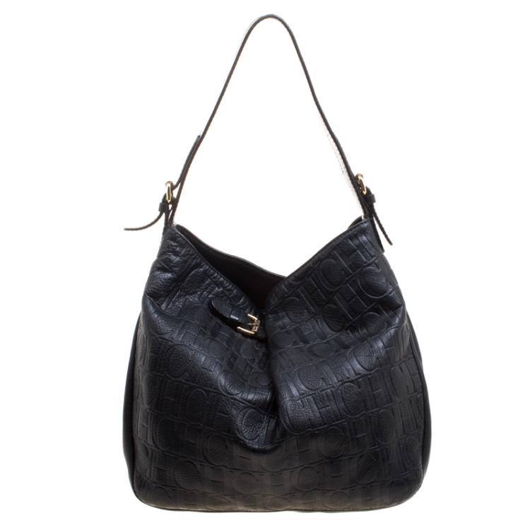 Pre Owned Carolina Herrera Black Monogram Leather Balmoral Hobo