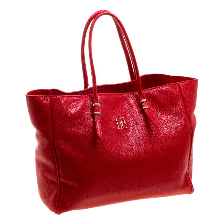 Pre Owned Carolina Herrera Red Monogram Leather Shopper Tote