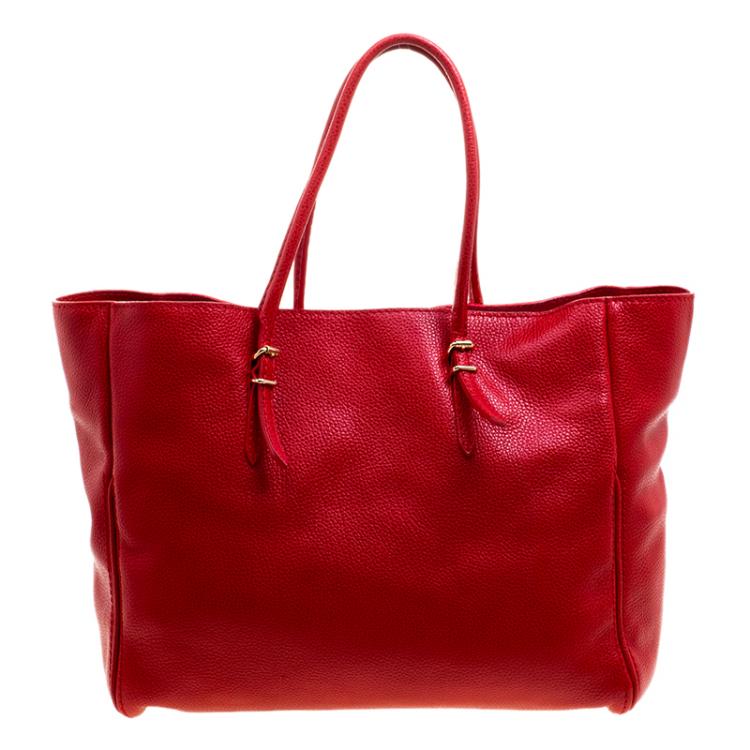 Pre Owned Carolina Herrera Red Monogram Leather Shopper Tote