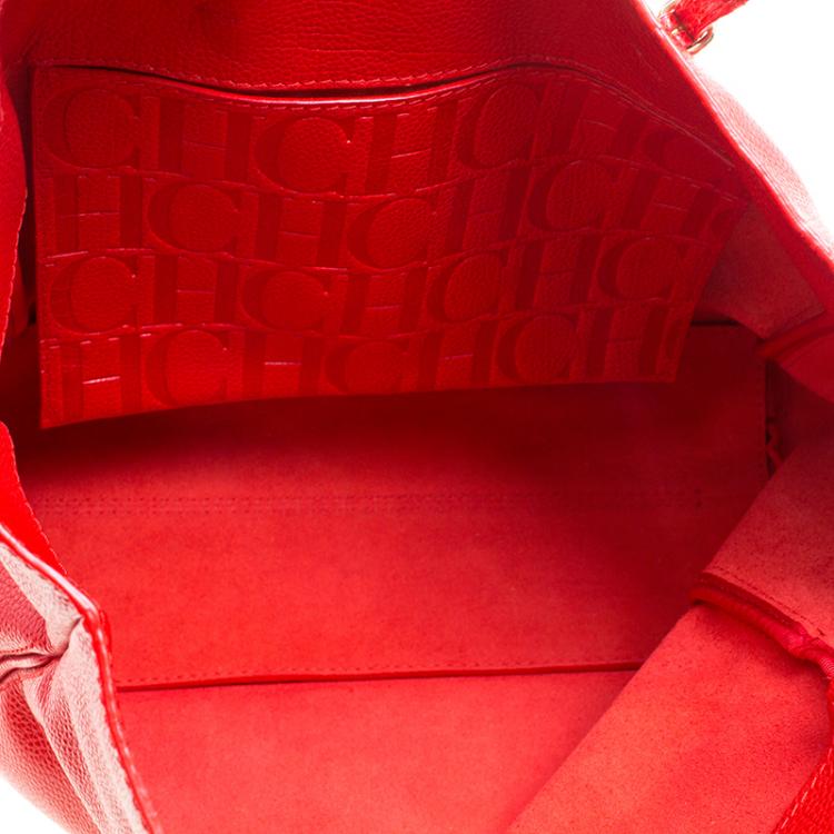Pre Owned Carolina Herrera Red Monogram Leather Shopper Tote