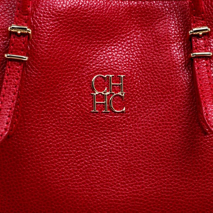 Pre Owned Carolina Herrera Red Monogram Leather Shopper Tote