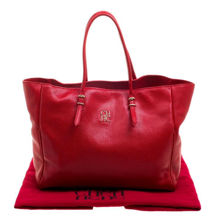 Pre Owned Carolina Herrera Red Monogram Leather Shopper Tote