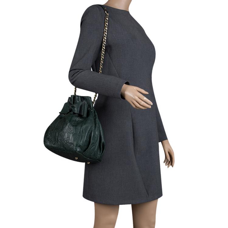 Pre Owned Carolina Herrera Dark Green Embossed Leather Bow Bucket Shoulder Bag