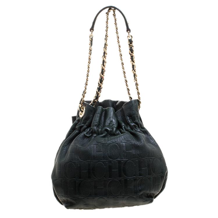 Pre Owned Carolina Herrera Dark Green Embossed Leather Bow Bucket Shoulder Bag