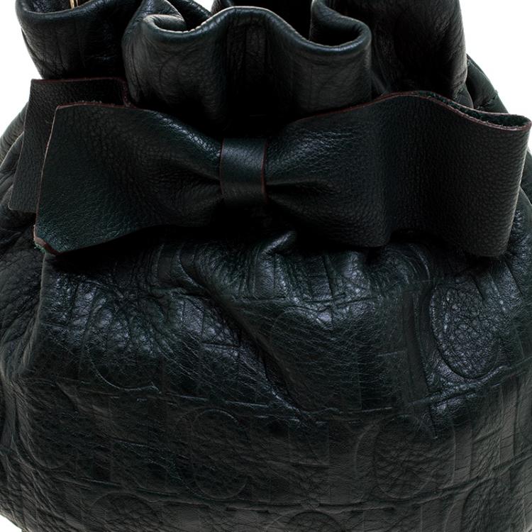Pre Owned Carolina Herrera Dark Green Embossed Leather Bow Bucket Shoulder Bag