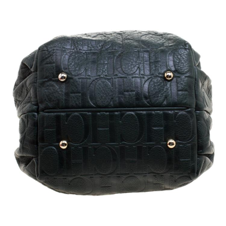 Pre Owned Carolina Herrera Dark Green Embossed Leather Bow Bucket Shoulder Bag