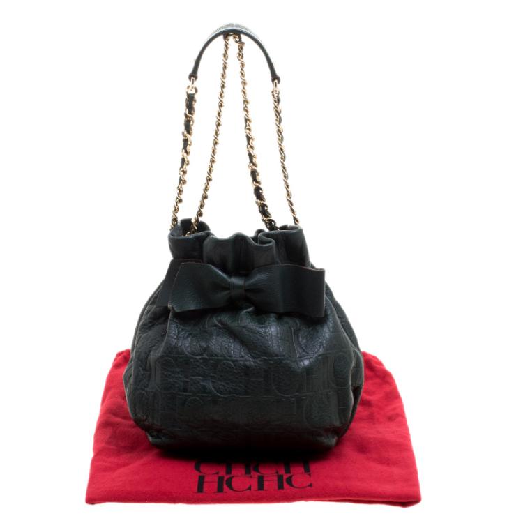 Pre Owned Carolina Herrera Dark Green Embossed Leather Bow Bucket Shoulder Bag