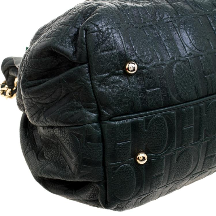 Pre Owned Carolina Herrera Dark Green Embossed Leather Bow Bucket Shoulder Bag