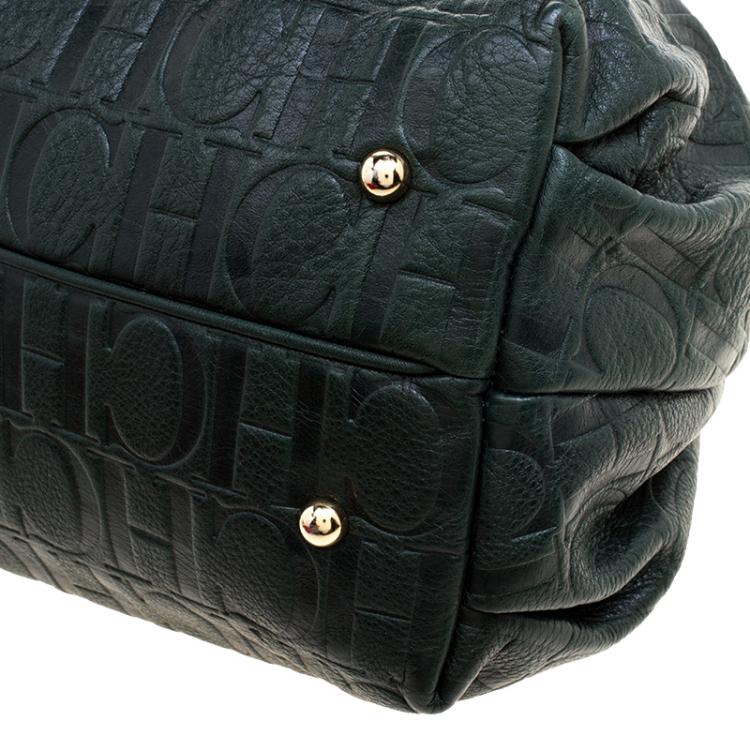 Pre Owned Carolina Herrera Dark Green Embossed Leather Bow Bucket Shoulder Bag