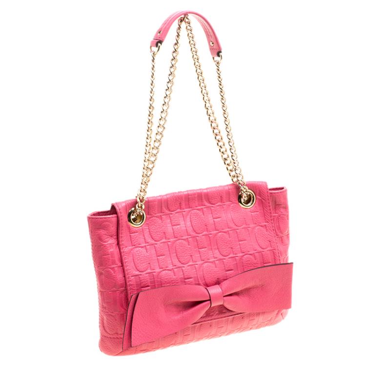 Pre Owned Carolina Herrera Pink Monogram Leather Audrey Shoulder Bag