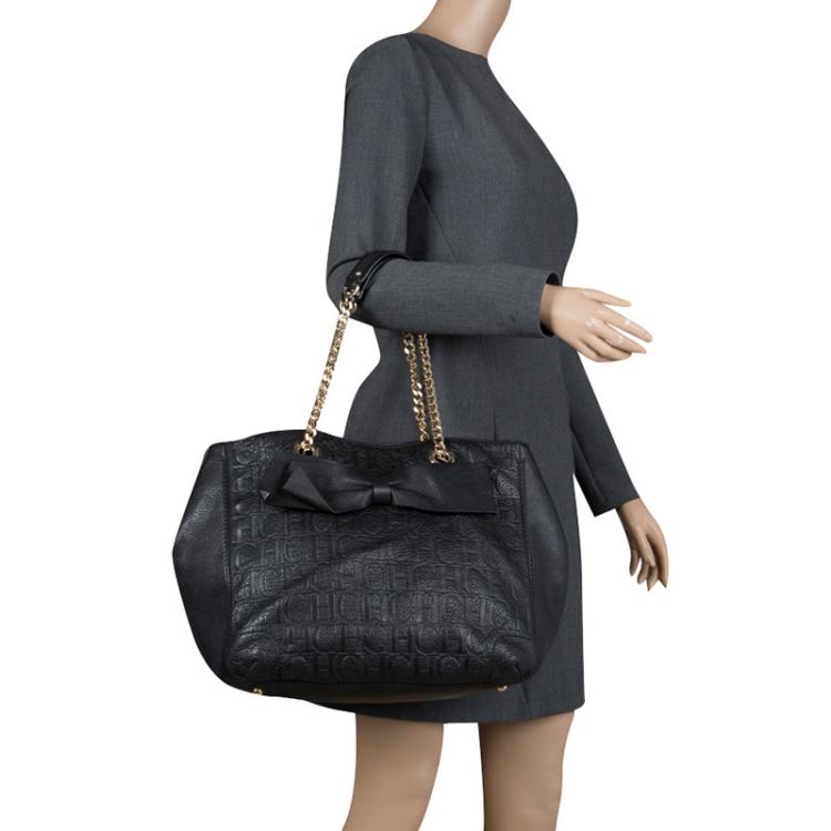 Pre Owned Carolina Herrera Black Monogram Leather Audrey Tote
