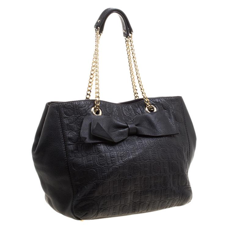 Pre Owned Carolina Herrera Black Monogram Leather Audrey Tote