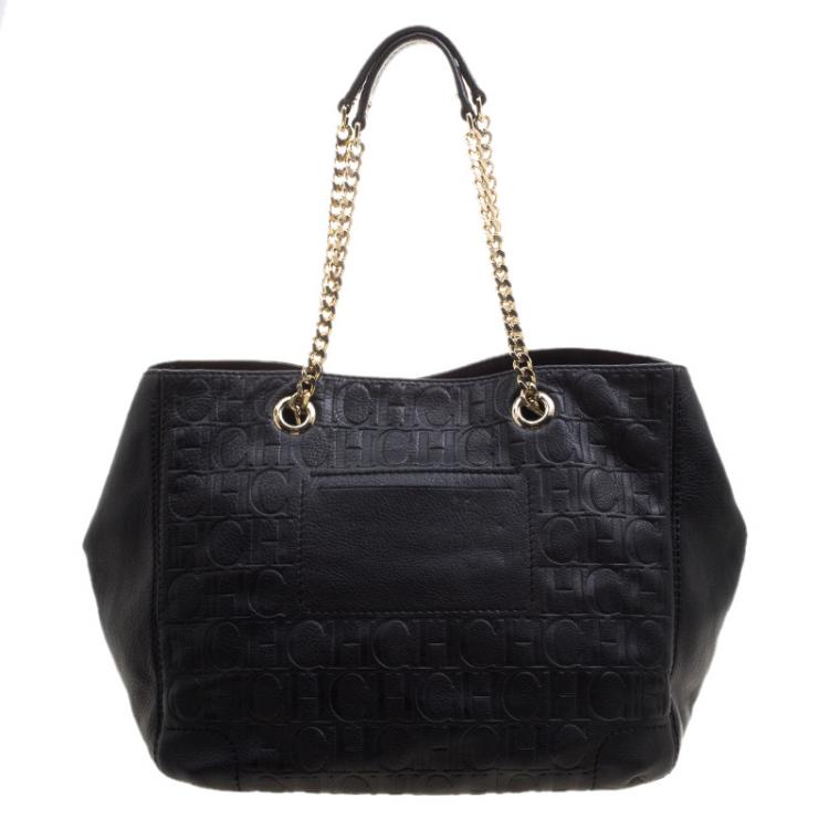 Pre Owned Carolina Herrera Black Monogram Leather Audrey Tote