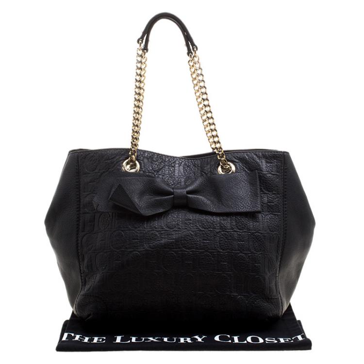 Pre Owned Carolina Herrera Black Monogram Leather Audrey Tote