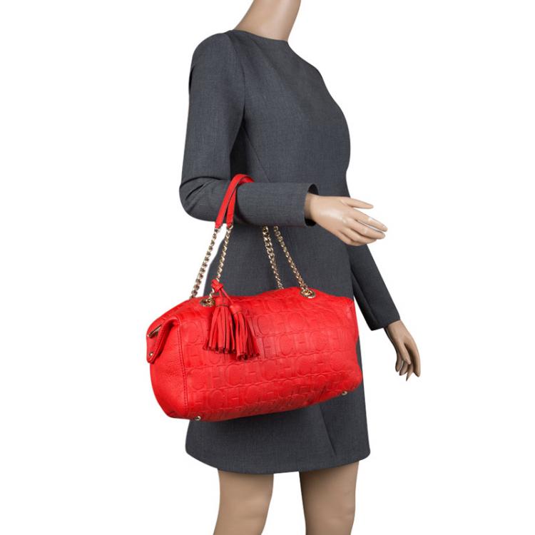 Pre Owned Carolina Herrera Red Embossed Leather Tassel Satchel