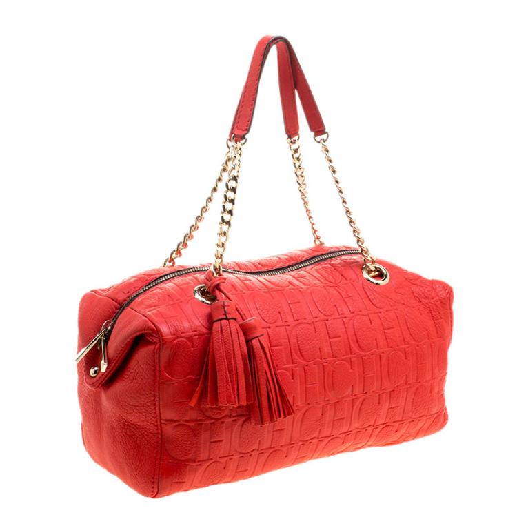 Pre Owned Carolina Herrera Red Embossed Leather Tassel Satchel