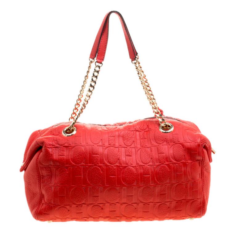 Pre Owned Carolina Herrera Red Embossed Leather Tassel Satchel